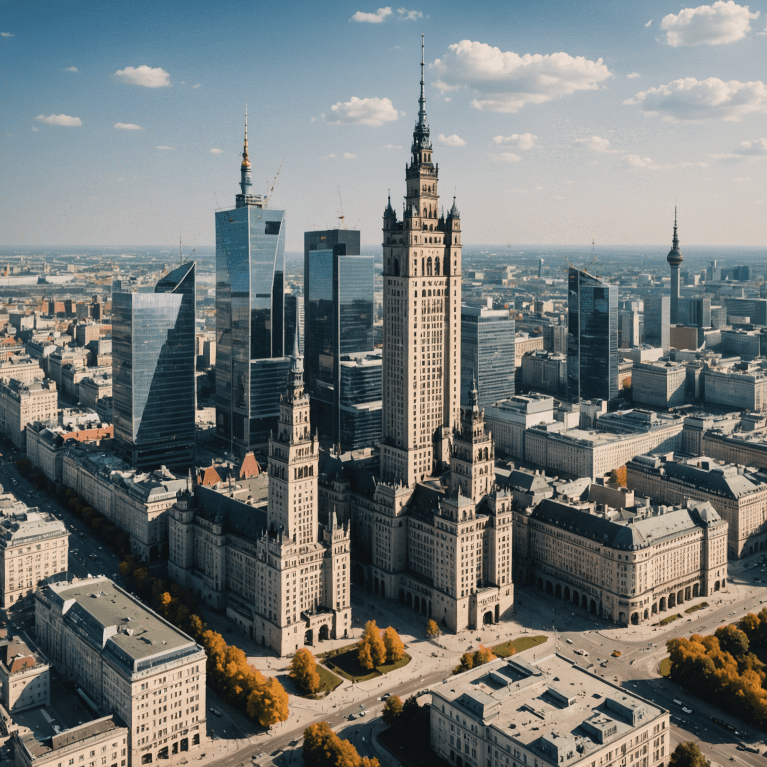 Panorama Warszawy z Pałacem Kultury i Nauki oraz nowoczesnymi wieżowcami