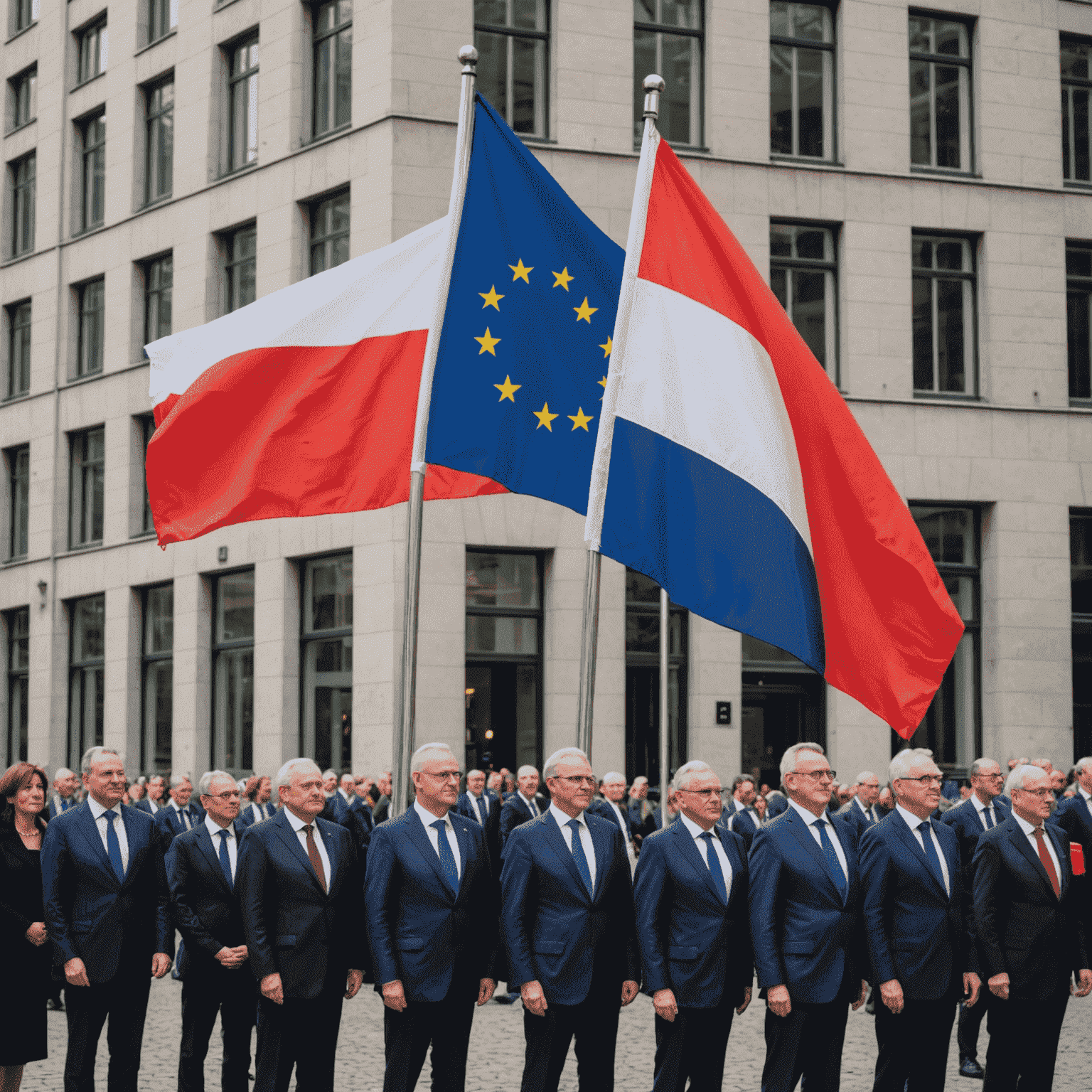 Ceremonia wciągnięcia flagi polskiej obok flagi UE w Brukseli, z udziałem polskich polityków