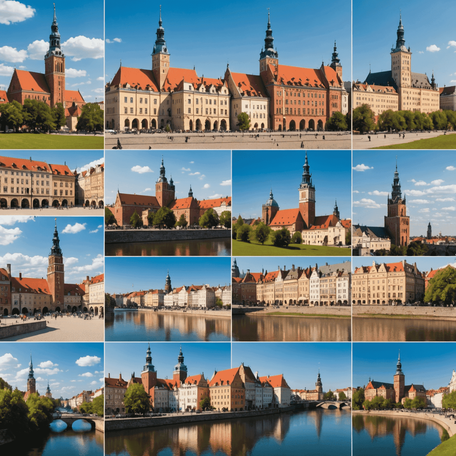 Kolaż zdjęć przedstawiający panoramy 10 najpiękniejszych polskich miast, w tym Warszawy, Krakowa i Gdańska