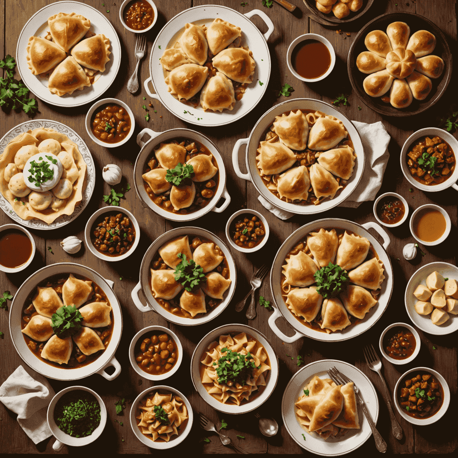 Stół pełen tradycyjnych polskich potraw, w tym pierogi, bigos, żurek i pączki, prezentujący bogactwo polskiej kuchni