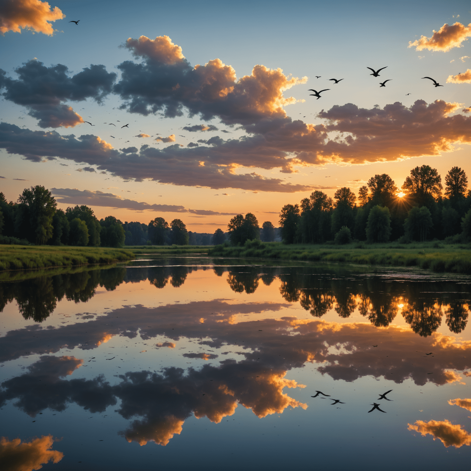 Panorama stawów w Dolinie Baryczy o zachodzie słońca, z odbiciem kolorowego nieba w wodzie i sylwetkami ptaków w locie