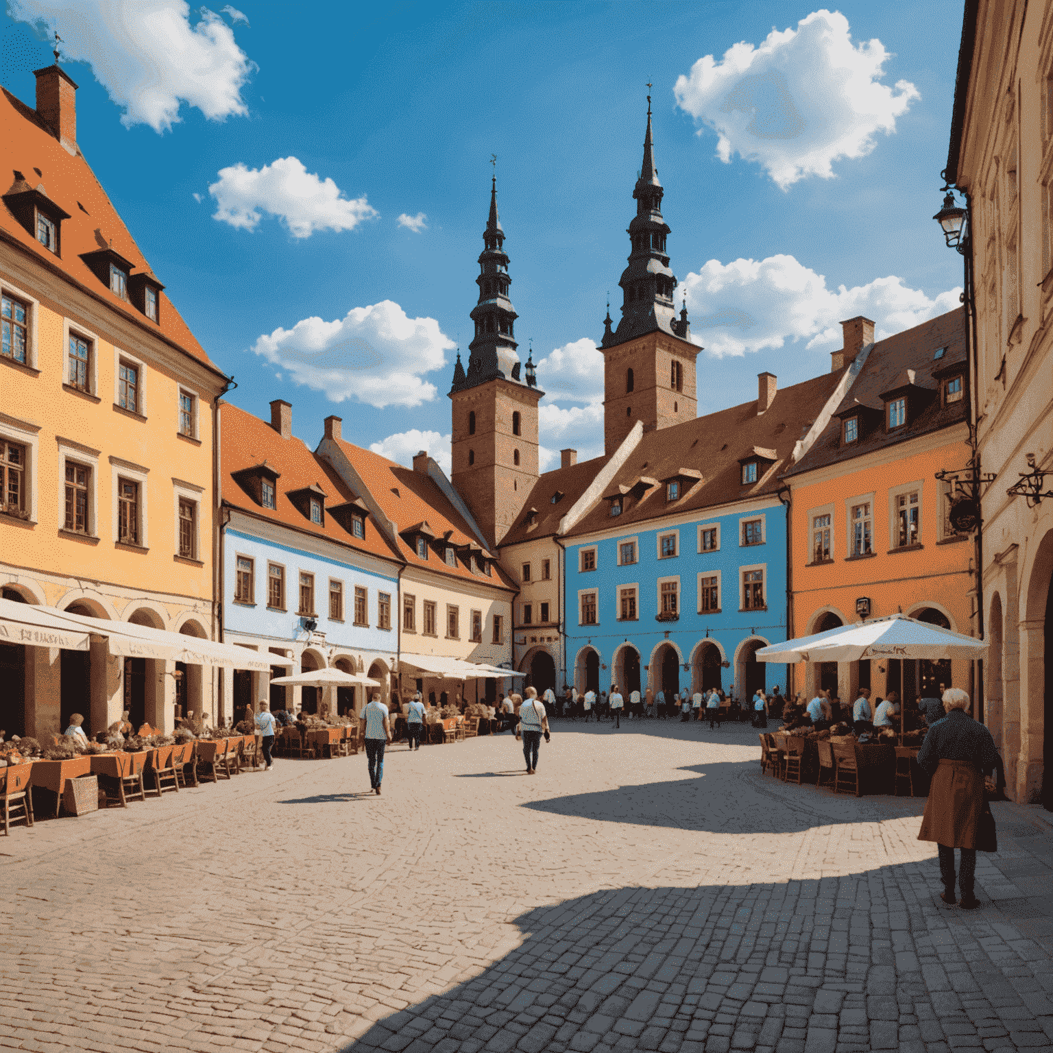 Widok na rynek w Sandomierzu z charakterystycznym renesansowym ratuszem i kolorowymi kamienicami, wypełniony turystami i lokalnymi mieszkańcami