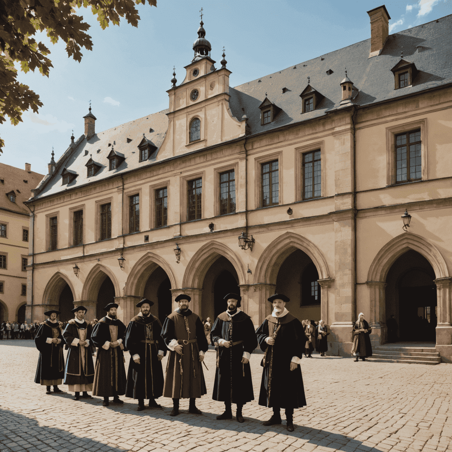 Średniowieczny budynek Akademii Krakowskiej z uczniami i profesorami w historycznych strojach