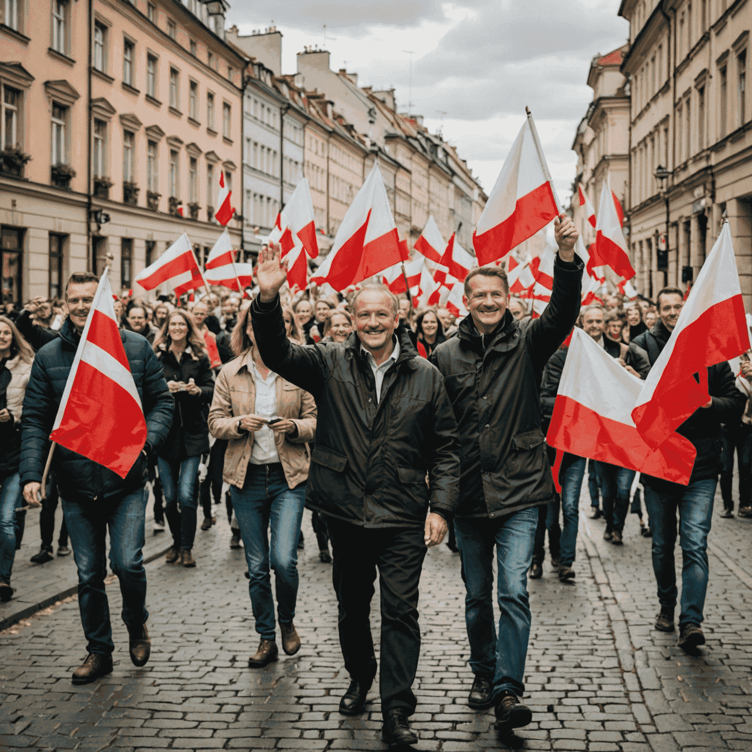 Scena radości na ulicach Warszawy z okazji odzyskania niepodległości, z powiewającymi flagami polskimi