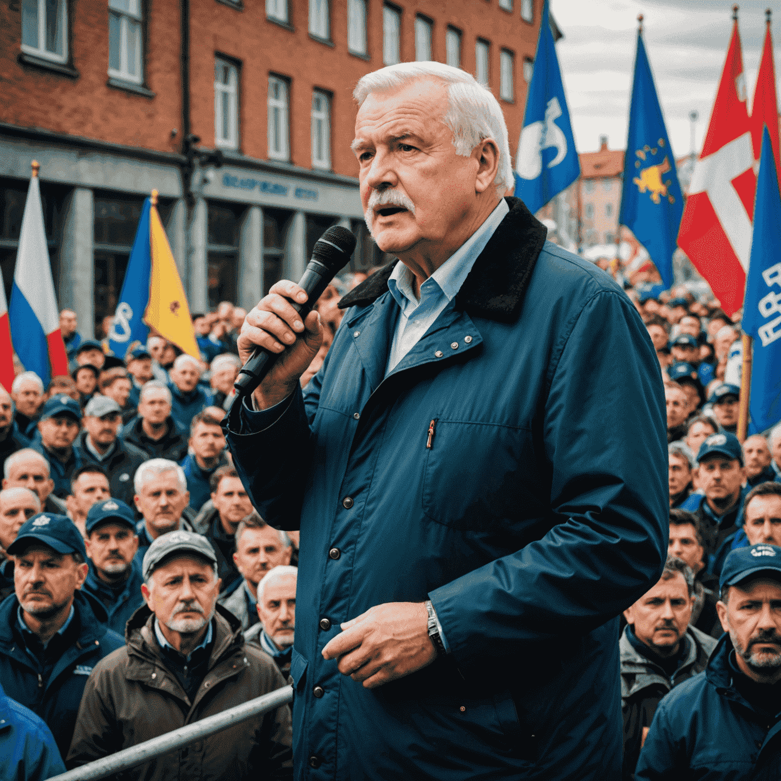 Lech Wałęsa przemawiający do tłumu stoczniowców w Gdańsku, z flagami Solidarności w tle